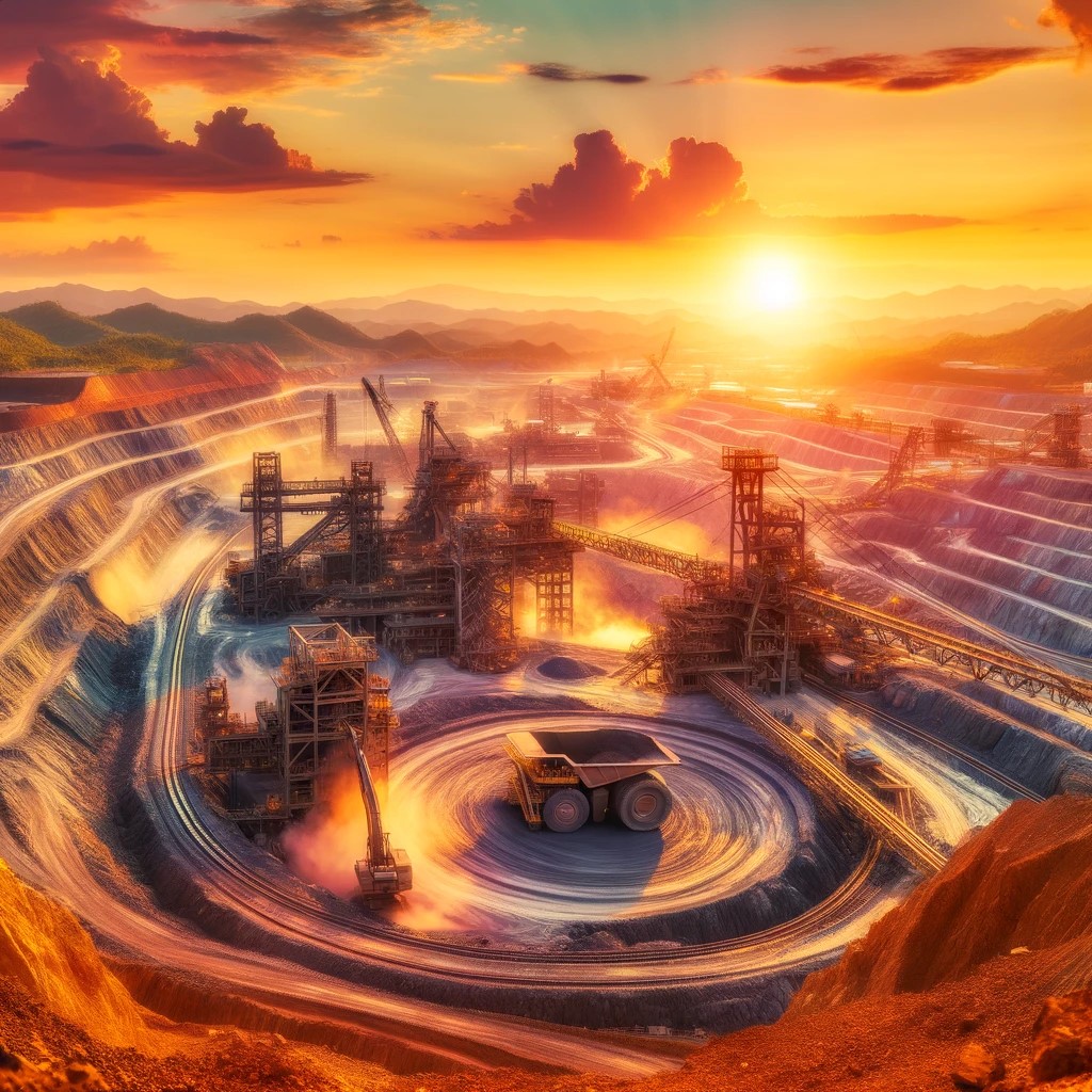 DALL·E 2024-05-17 23.42.36 - A scenic view of an expansive mining operation with large machinery extracting metals like copper and nickel from the earth, set against a vivid sunse