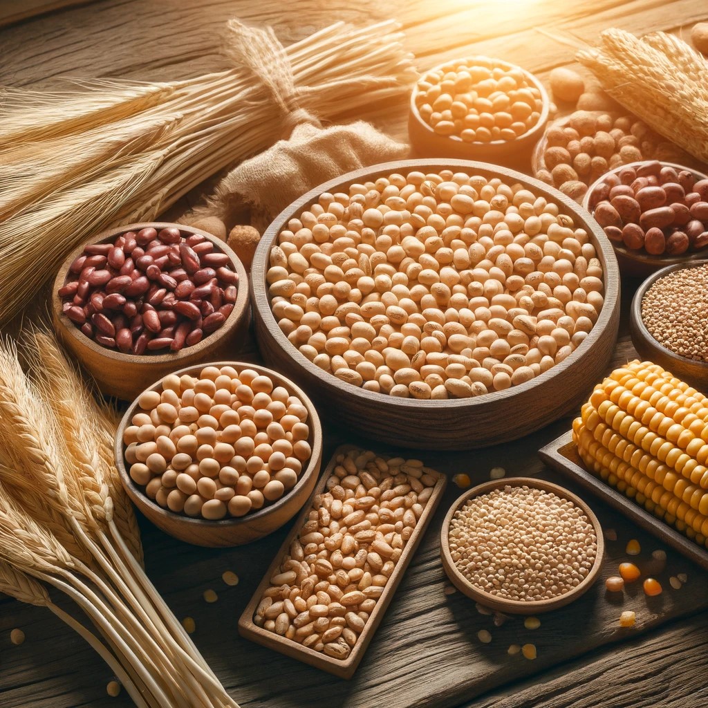 DALL·E 2024-05-17 23.42.34 - A diverse collection of agricultural commodities including wheat, corn, and soybeans arranged neatly on a rustic wooden table, with sunlight illuminat