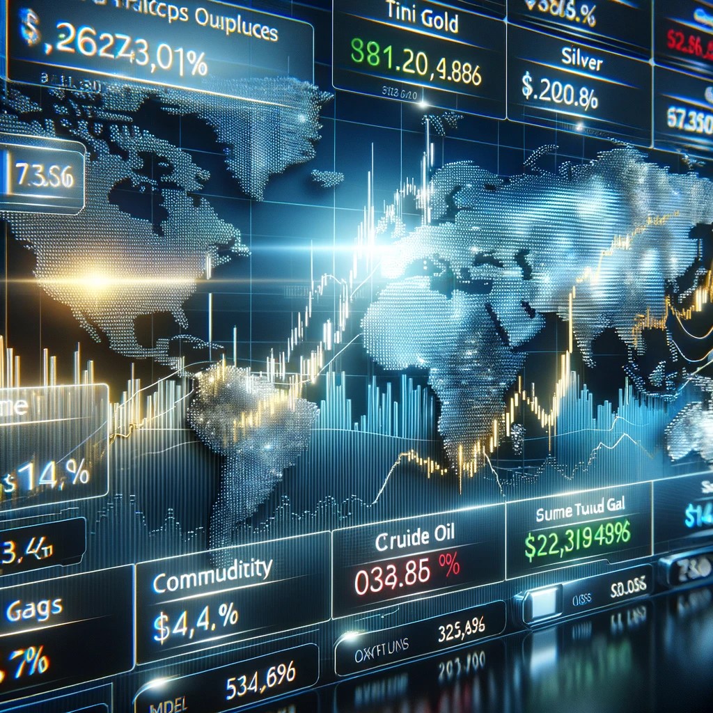 DALL·E 2024-05-17 23.42.35 - A high-tech digital display showing various commodity prices such as gold, silver, crude oil, and natural gas fluctuating on a modern stock market tra