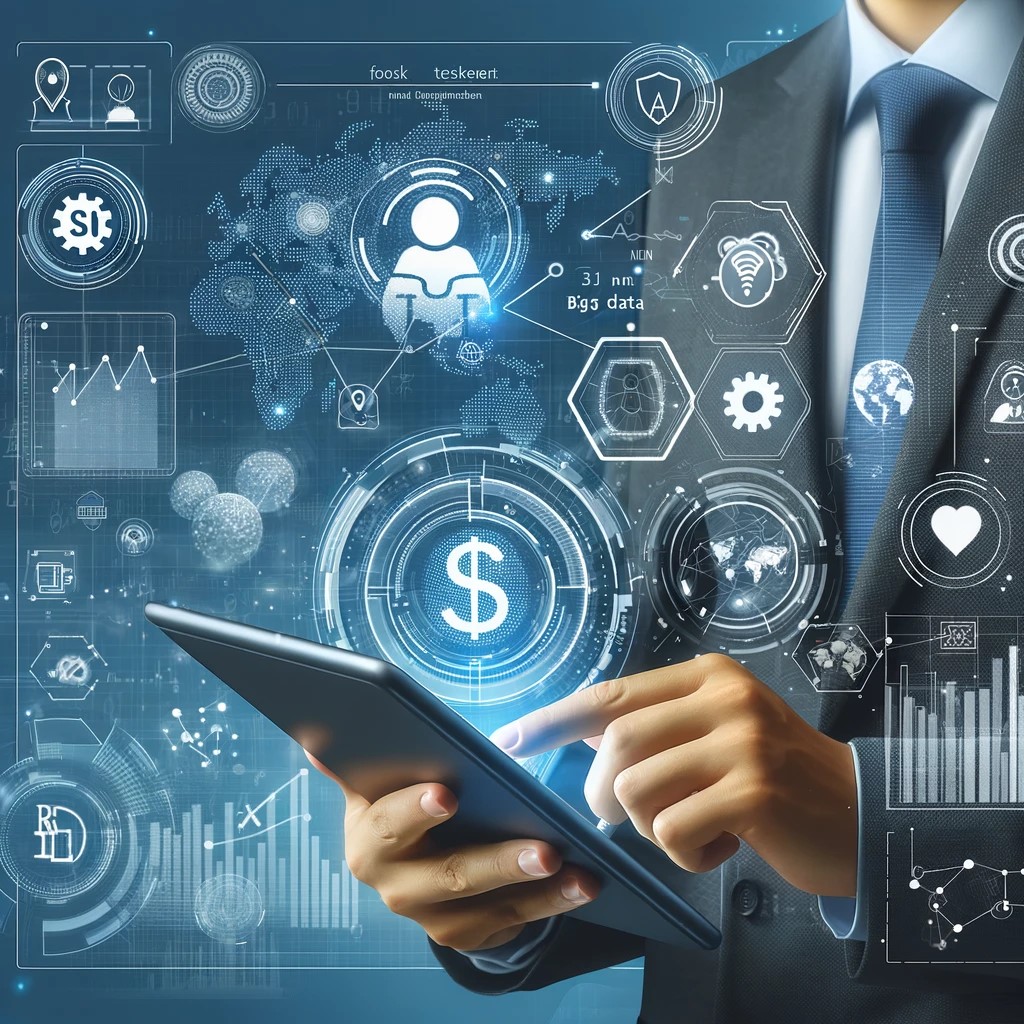 DALL·E 2024-05-17 22.28.21 - An illustration of technology usage in investment with a person using a tablet to analyze data. The background should include elements like graphs, ch