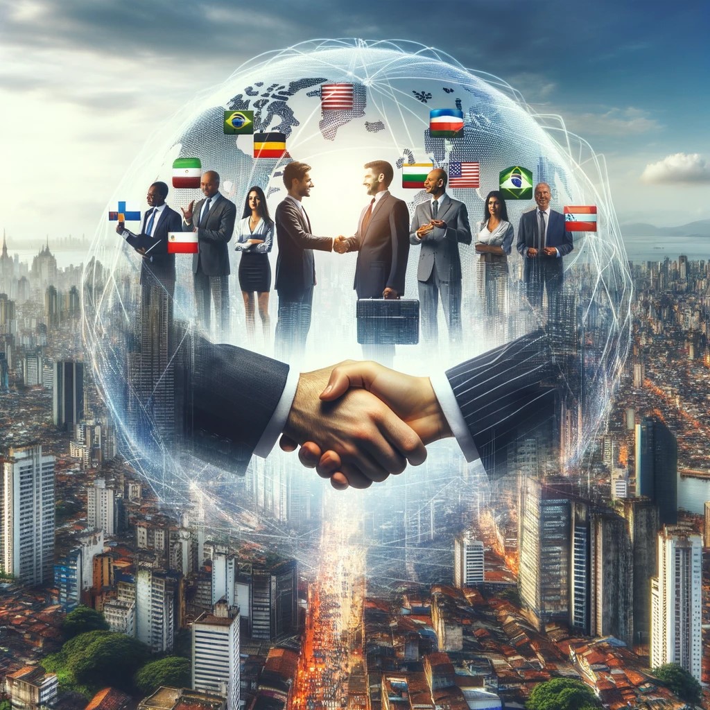 DALL·E 2024-05-17 22.28.20 - A business partnership between international investors and local experts in an emerging market. The image should show a handshake between diverse busi