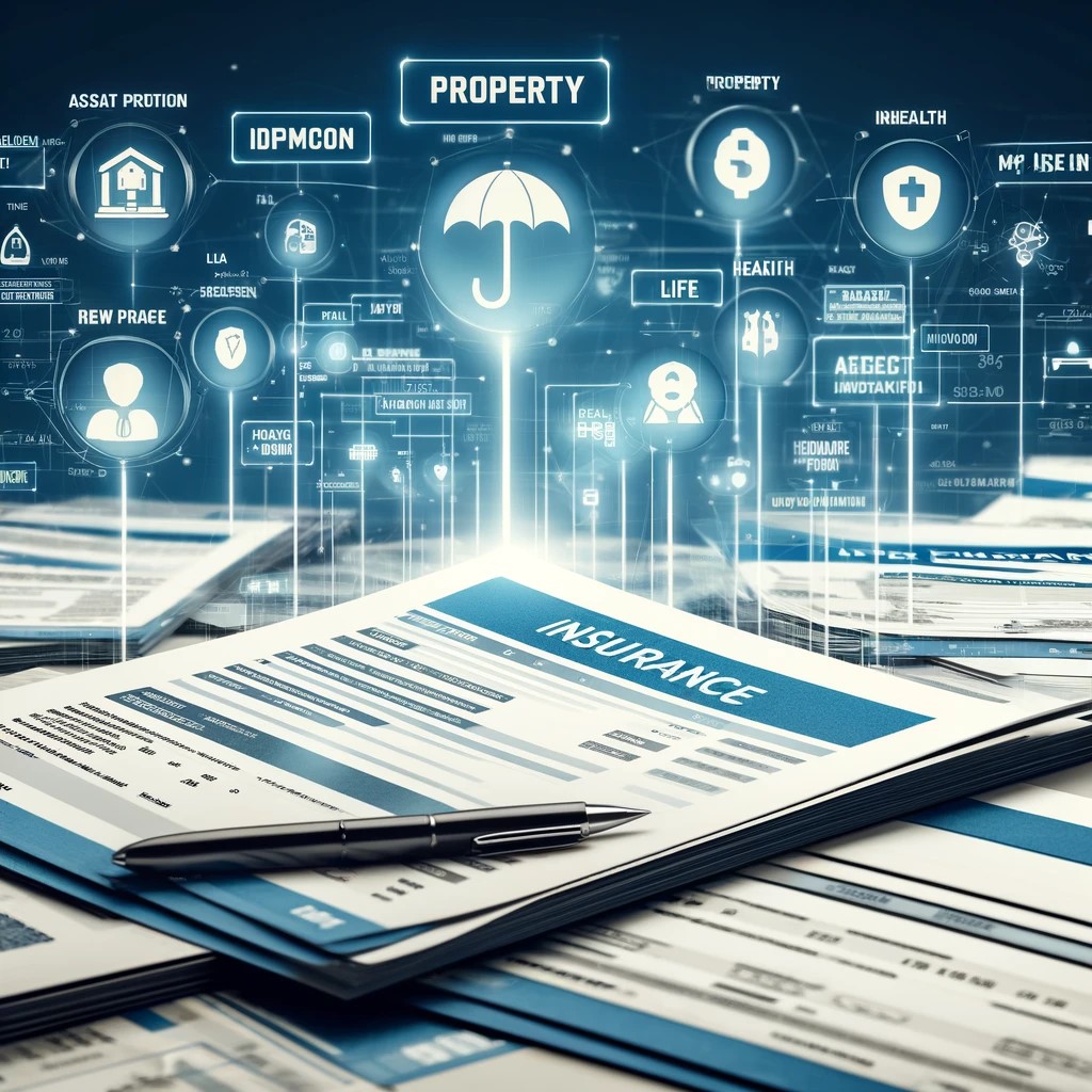 DALL·E 2024-05-17 23.56.41 - A digital illustration of various insurance policy documents spread out on a table, with visible details like property, life, and health insurance hea