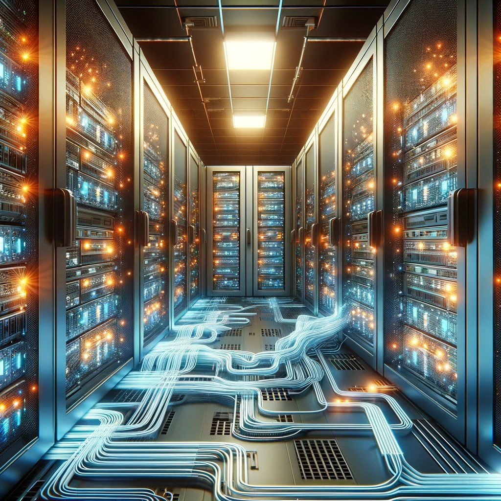 DALL·E 2024-05-17 23.47.04 - A detailed illustration of a computer server room filled with racks of servers and cables, glowing with lights. This image represents the technologica