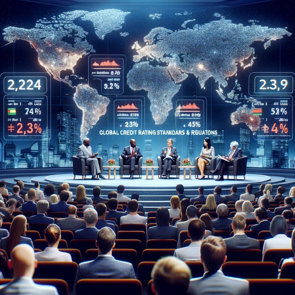 DALL·E 2024-06-06 17.28.43 - An international finance summit where experts discuss global credit rating standards and regulations. The event takes place in a large auditorium fill