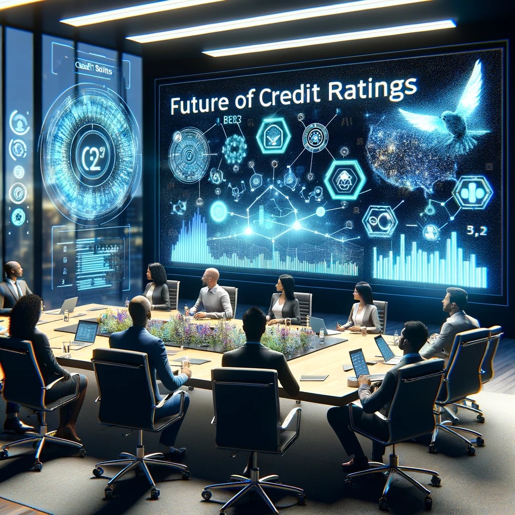 DALL·E 2024-06-06 17.28.42 - A conference room scene depicting a presentation on the future of credit ratings, focusing on the integration of AI and blockchain technology. The roo