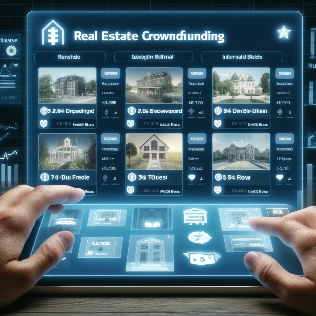 DALL·E 2024-06-04 13.18.29 - An interactive digital platform displaying a user-friendly real estate crowdfunding website. The screen shows a variety of property investment opportu