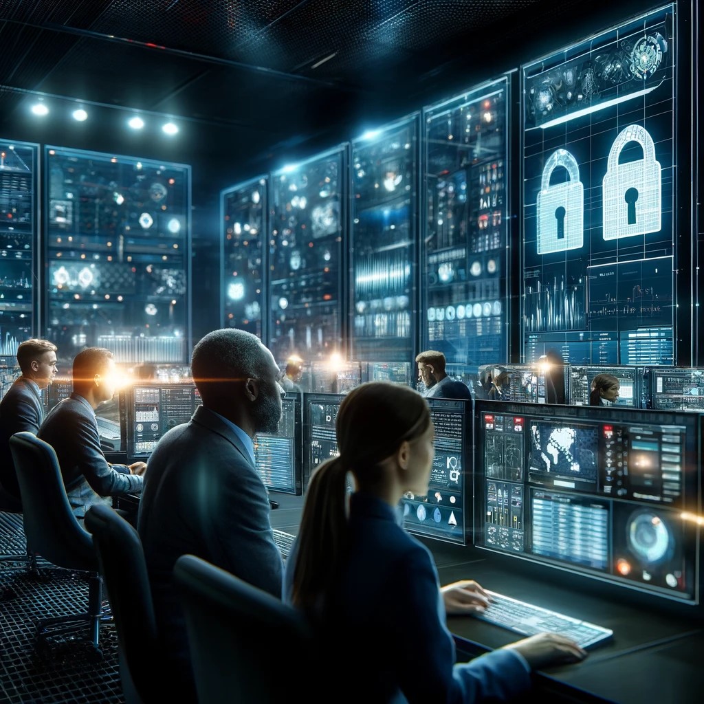 DALL·E 2024-06-05 12.29.02 - A high-tech cybersecurity operations center focused on protecting financial data. The scene shows a diverse team of cybersecurity professionals, inclu