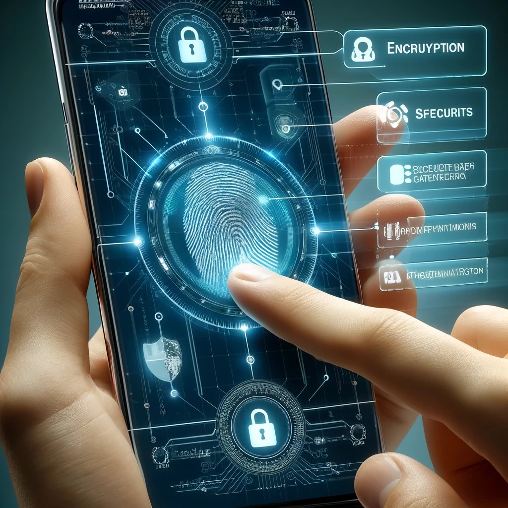 DALL·E 2024-06-05 12.29.04 - A detailed view of a secure financial transaction on a smartphone. The screen displays layers of security features, including encryption symbols, a se