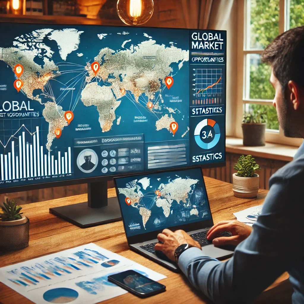 DALL·E 2024-07-09 10.57.46 - An entrepreneur discussing global market opportunities on a video call, showcasing a world map with marked locations and statistics on a screen behind