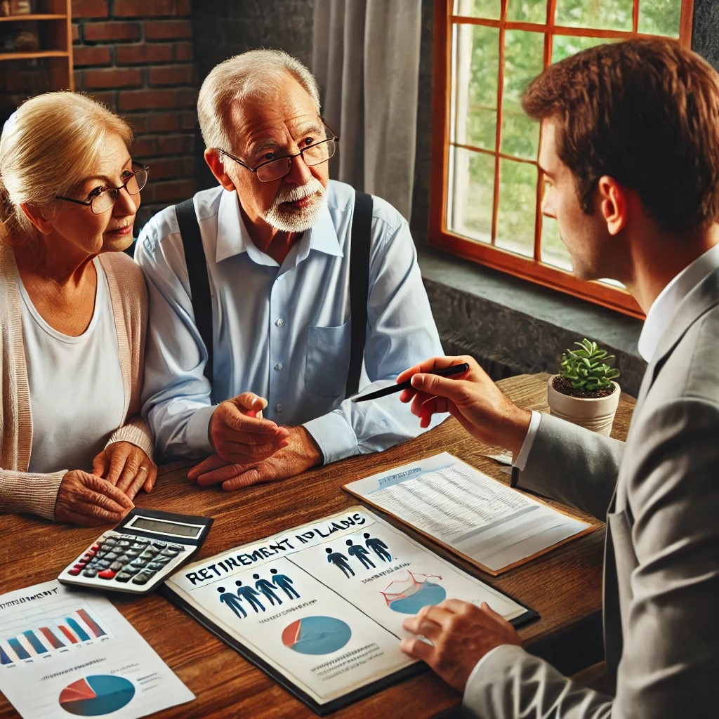 DALL·E 2024-07-08 00.34.13 - A financial advisor discussing retirement plans with an elderly couple in a cozy office. The advisor's desk is cluttered with financial charts and ret