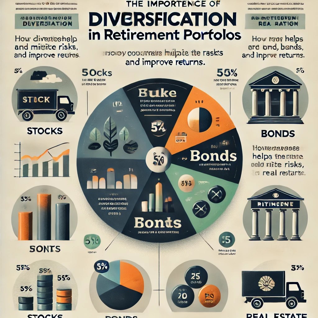 DALL·E 2024-07-08 00.34.14 - An infographic displaying the importance of diversification in retirement portfolios. The graphic includes a pie chart showing a balanced mix of asset