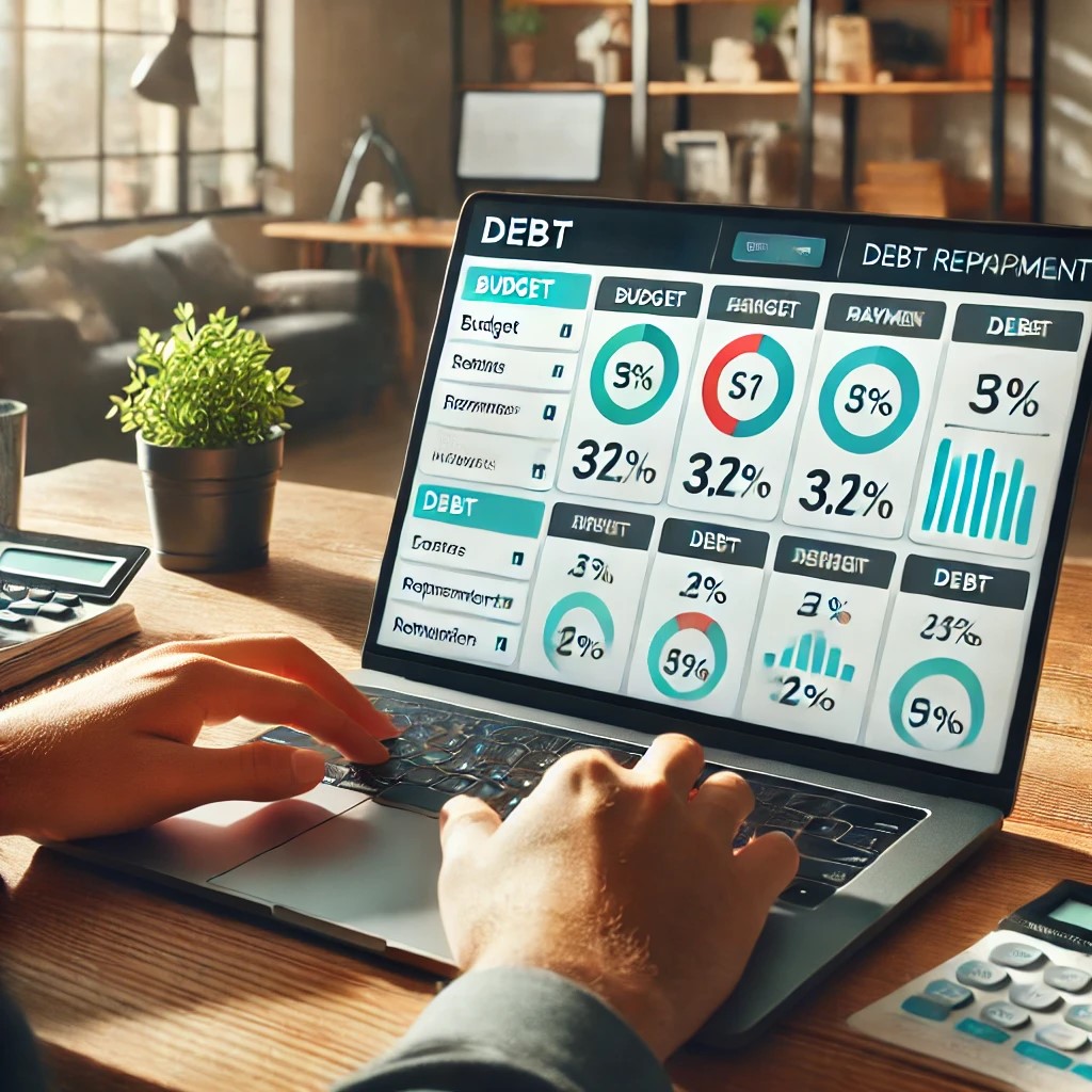 DALL·E 2024-07-09 12.42.28 - A home office setup showing a person using a budgeting app on a laptop to manage personal debts. The screen displays various budget categories and deb