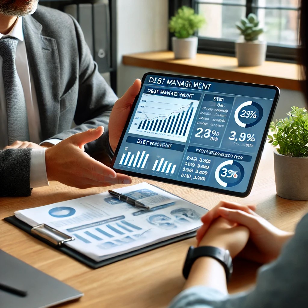 DALL·E 2024-07-09 12.42.27 - A professional financial advisor discussing debt management plans with a client in a modern office. The advisor's desk displays graphs and charts on a