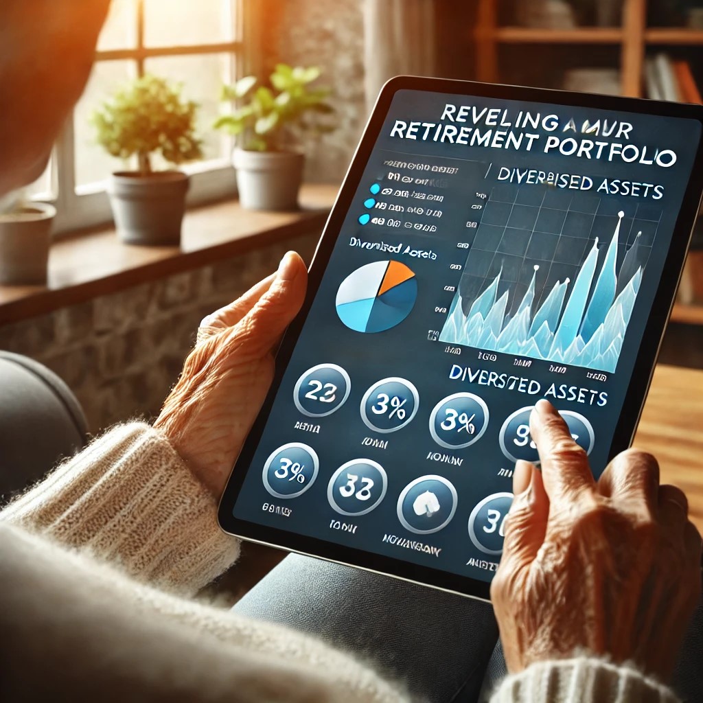 DALL·E 2024-07-09 23.12.31 - An elderly person reviewing their retirement portfolio on a digital tablet in a cozy home setting. The screen displays graphs and data about their inv