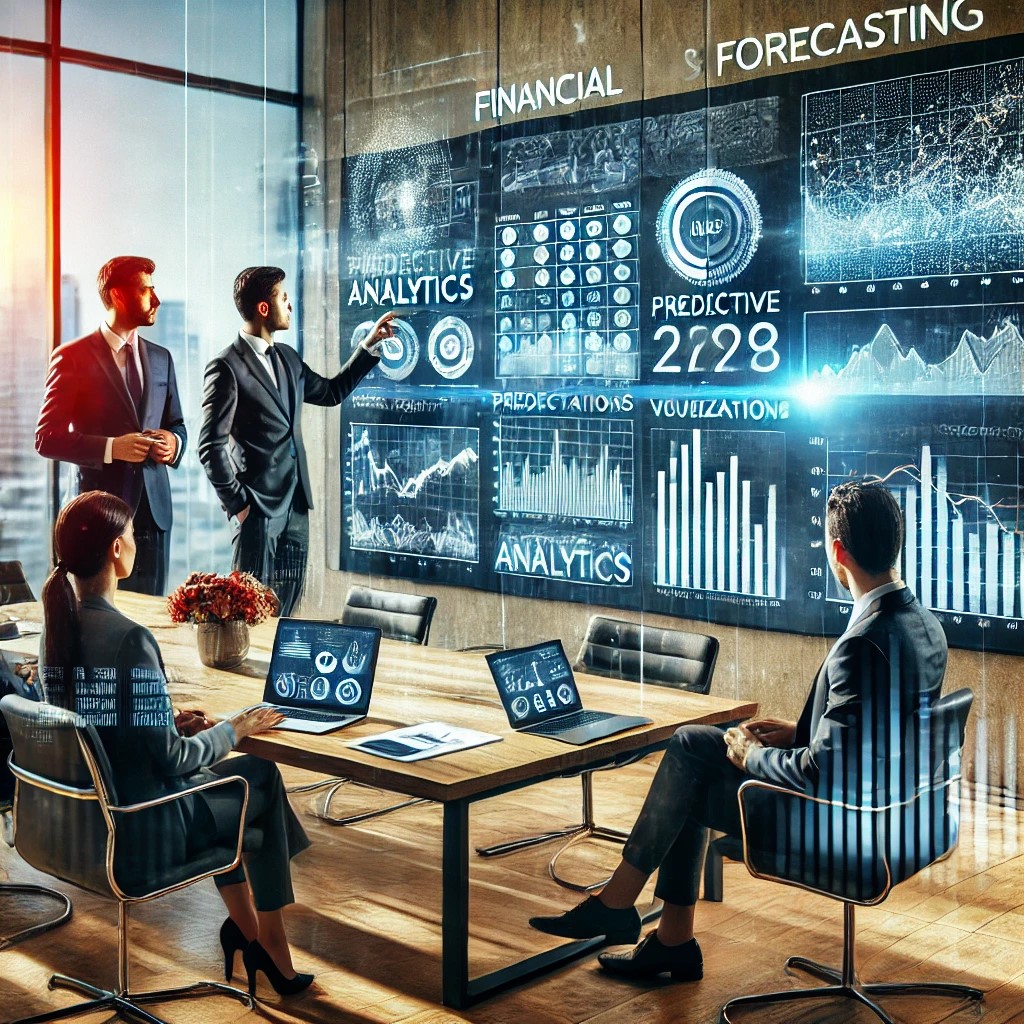 DALL·E 2024-07-28 08.44.10 - A team of business professionals in a modern office discussing financial analytics and forecasting. The screen shows predictive charts, data visualiza