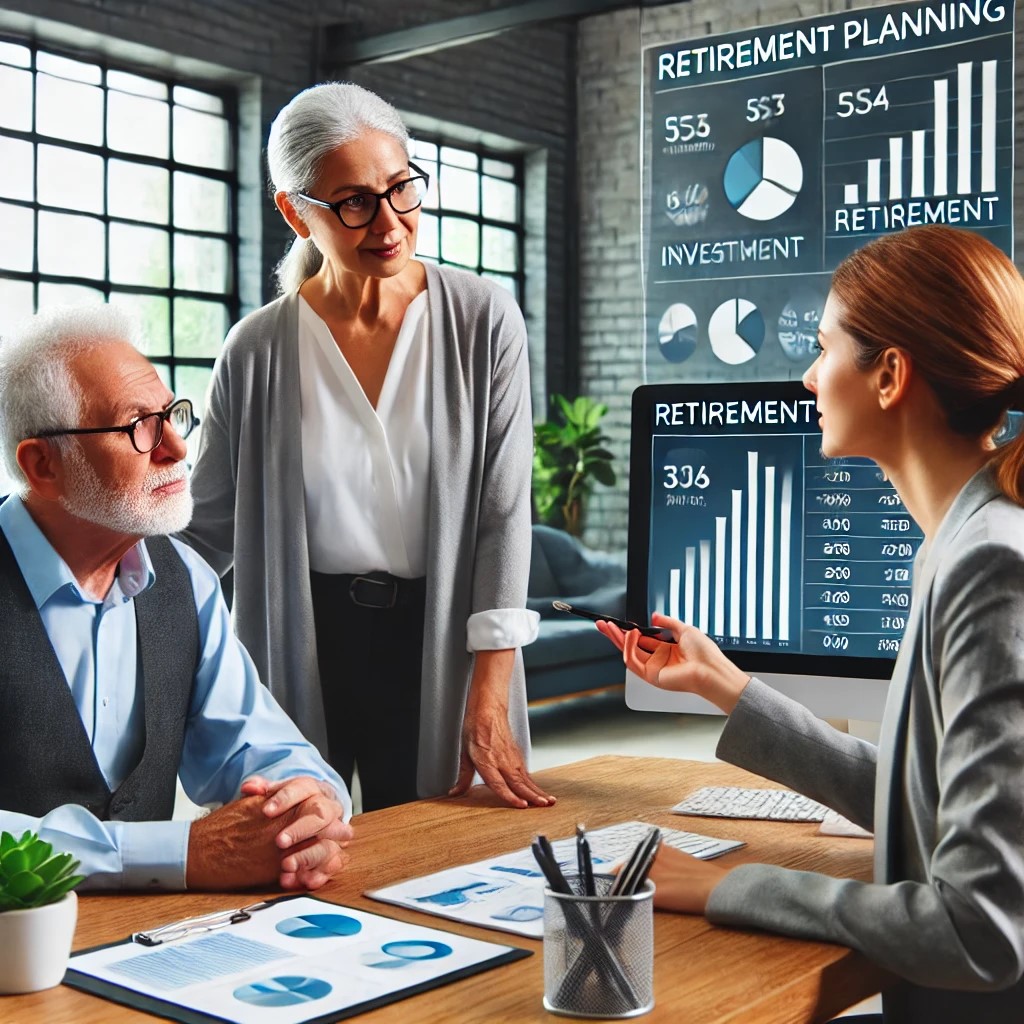 DALL·E 2024-07-28 09.09.38 - A financial advisor in a modern office explaining retirement planning to an elderly couple. The setting includes charts of investment options and reti