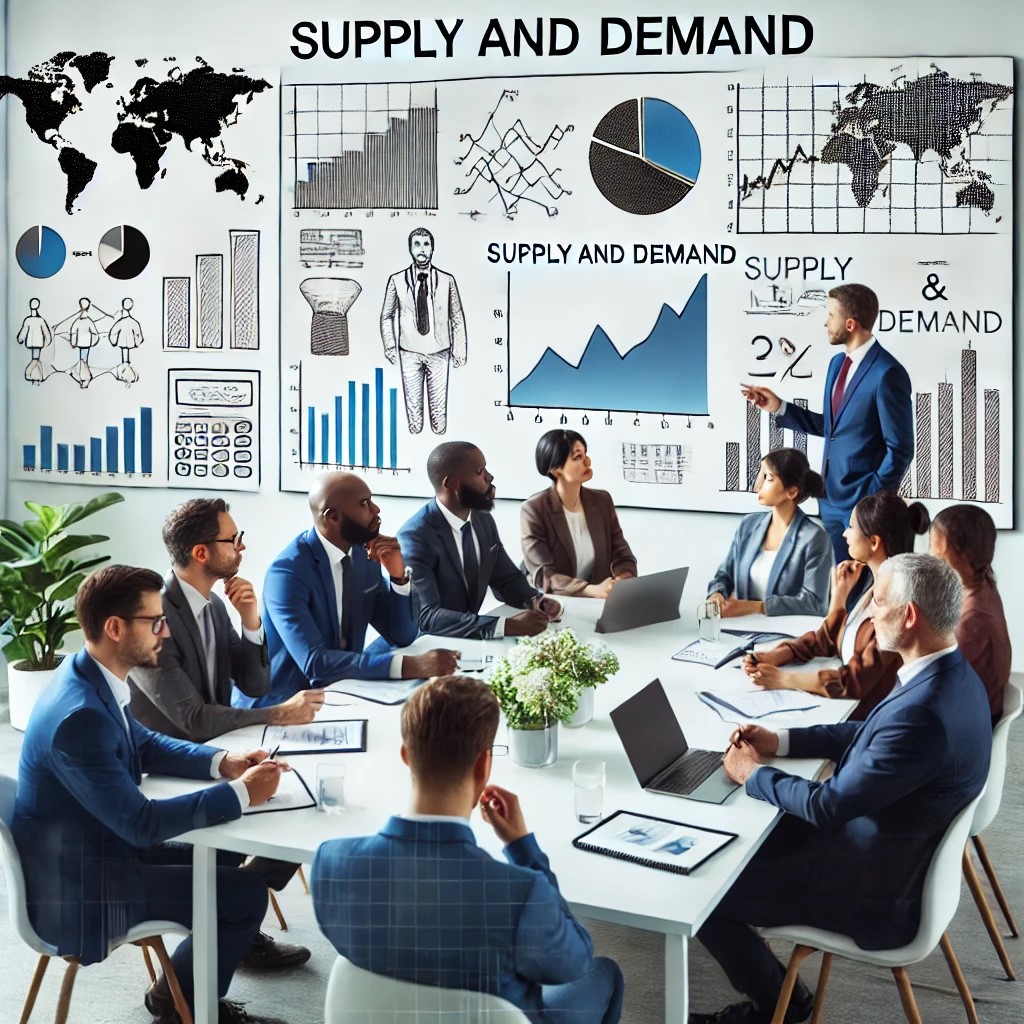 DALL·E 2024-07-28 09.00.52 - A diverse group of economists in a modern office discussing supply and demand. The setting includes whiteboards with economic graphs and charts, and t