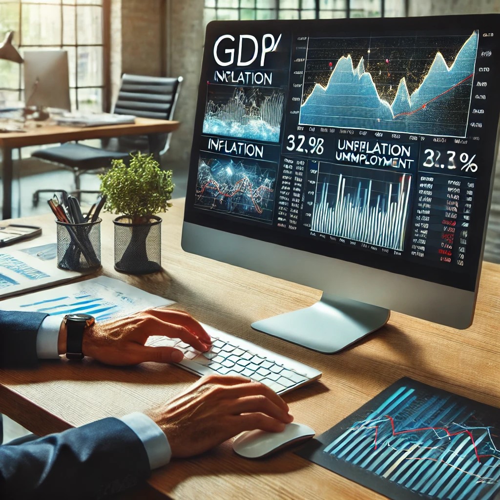 DALL·E 2024-07-28 09.00.54 - A financial analyst in a modern office using a computer to analyze economic indicators. The screen shows graphs of GDP, inflation, and unemployment ra