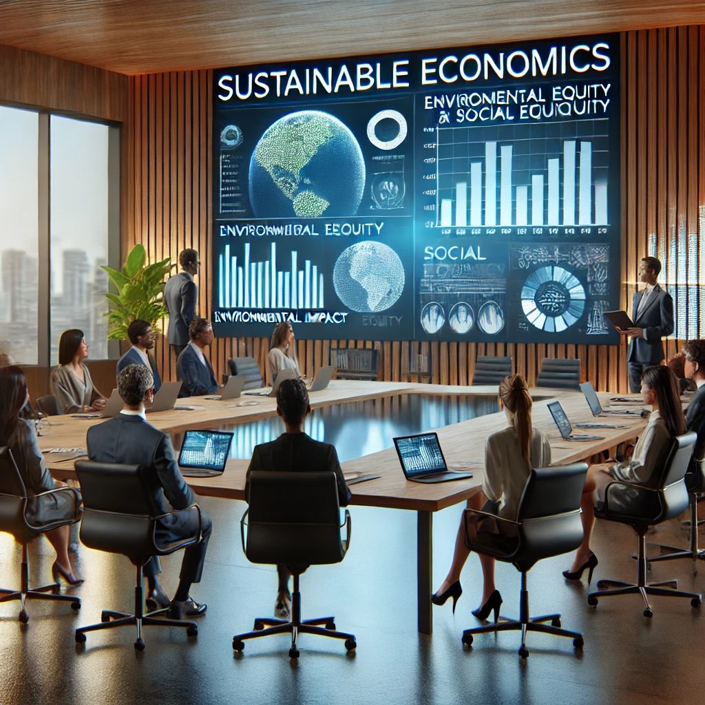 DALL·E 2024-07-28 09.00.55 - A group of economists in a modern conference room discussing sustainable economics. The setting includes screens showing graphs and charts related to 