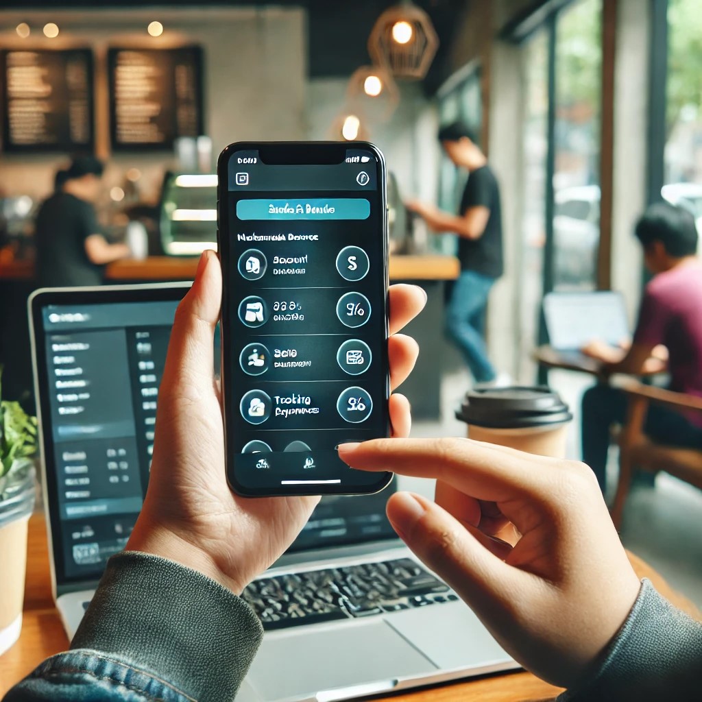 DALL·E 2024-07-28 09.29.52 - A young person using a mobile banking app on a smartphone in a modern setting. The screen shows various financial services like checking account balan