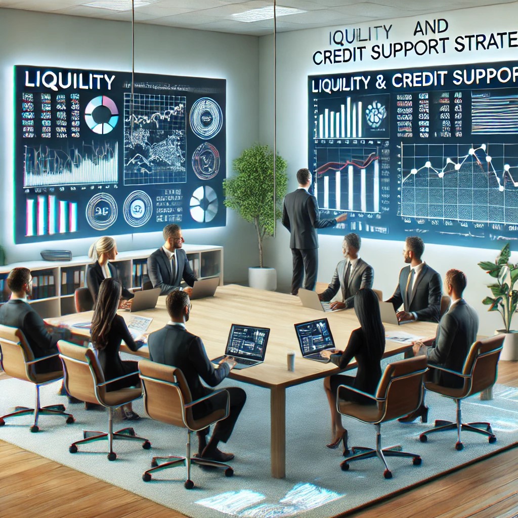 DALL·E 2024-07-28 09.40.01 - A group of financial analysts in a modern office discussing liquidity and credit support strategies. The setting includes whiteboards with financial c