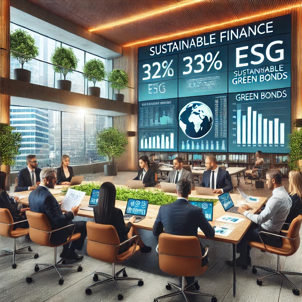 DALL·E 2024-07-28 09.40.03 - A team of financial professionals in a modern office discussing sustainable finance and green bonds. The setting includes screens showing ESG metrics,